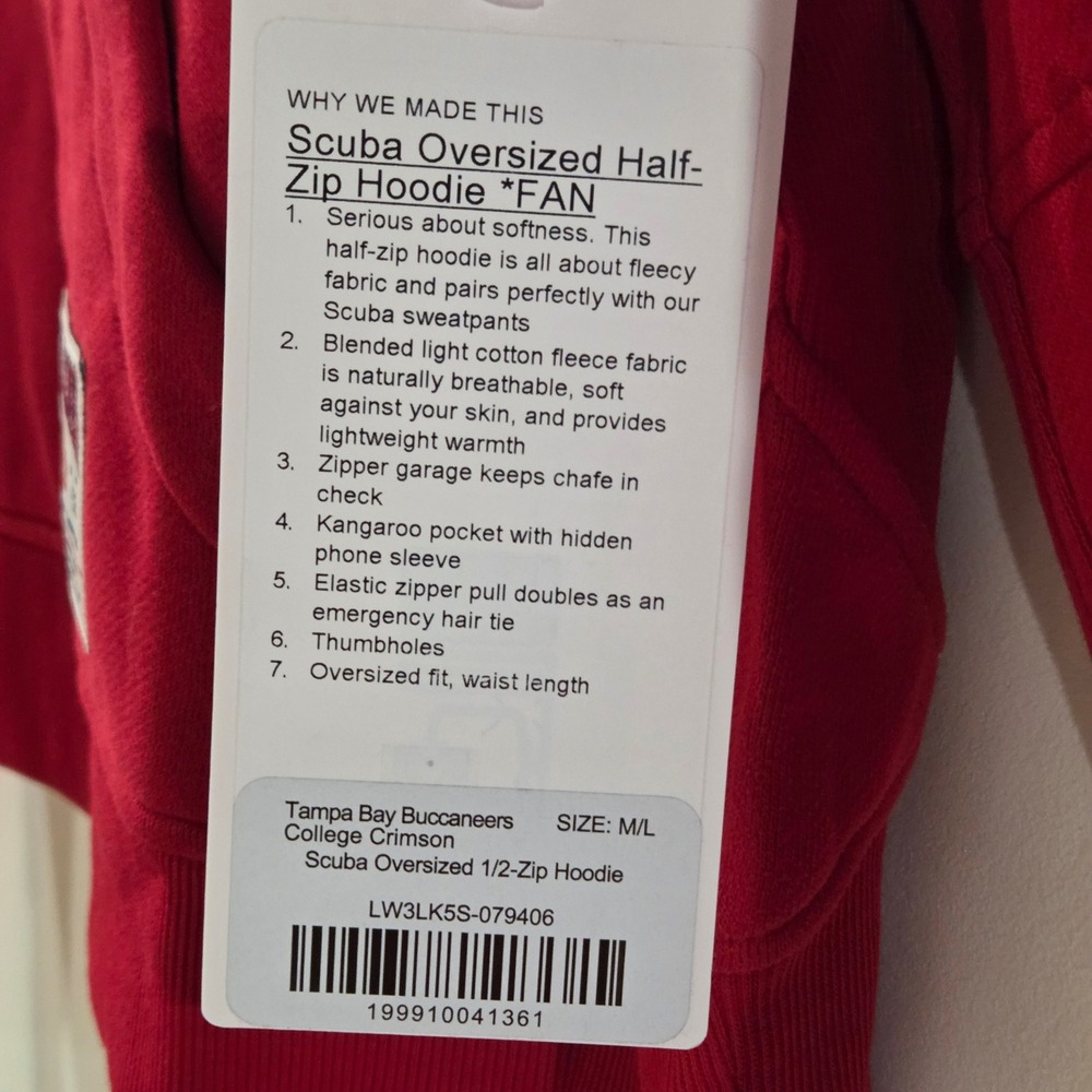 Lululemon NFL Tampa Bay Buccaneers Scuba Oversized Half-Zip Hoodie Crimson M/L - Picture 6 of 14